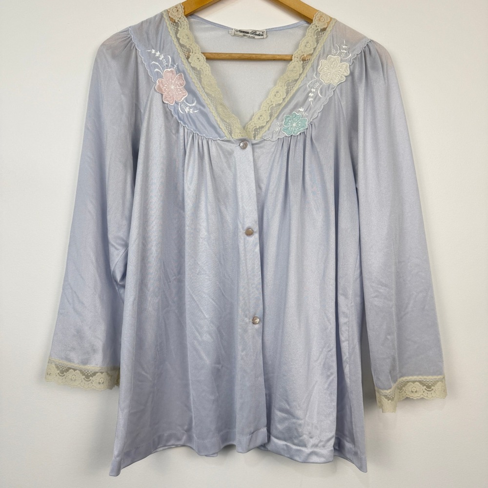 Vintage 70s 80s Blue Sleep Top Bed Jacket Lace Trim Semi Sheer Nylon Medium